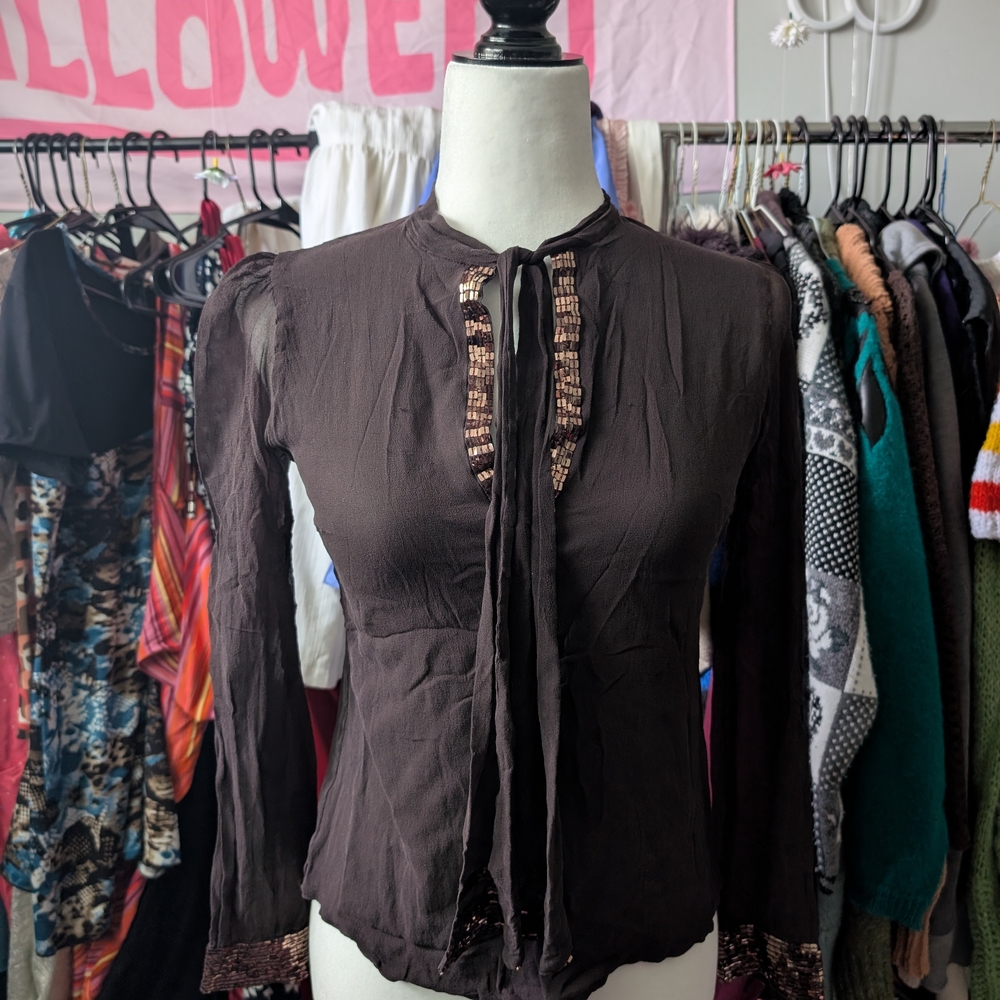 Zara Dark Brown Blouse with Embellished Trim